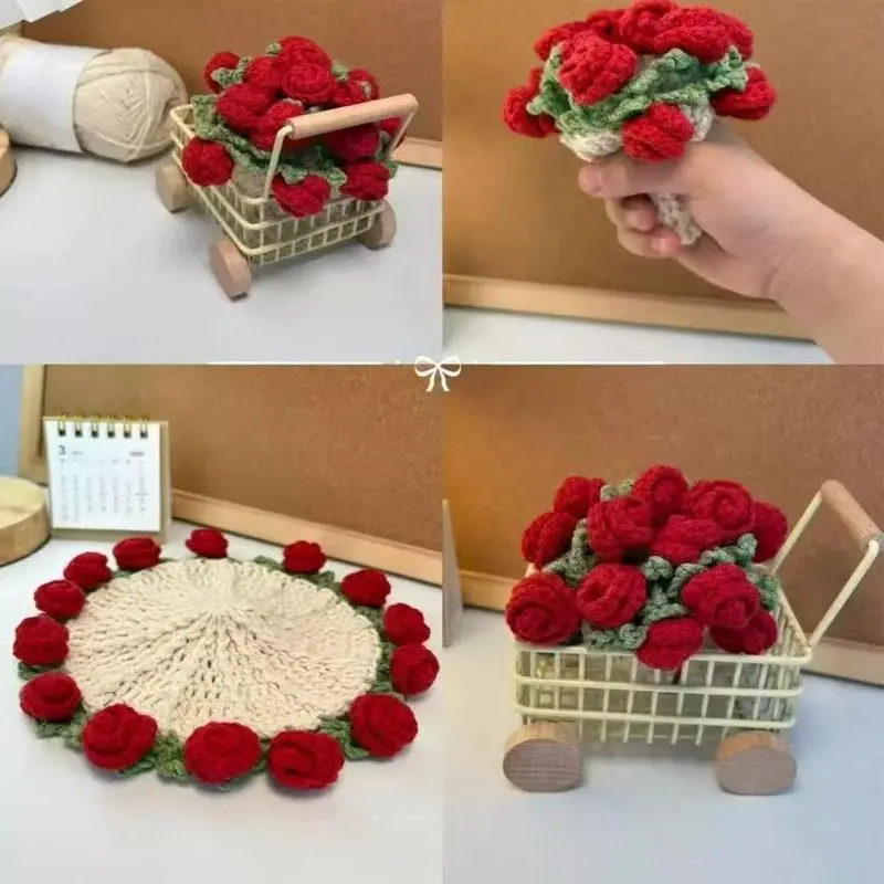 Knitting Coaster kit Handmade Knitting Romantic Coaster Aesthetic Soft Vintage Pad Rose Crochet Coasters Flower Bouquet Coaster