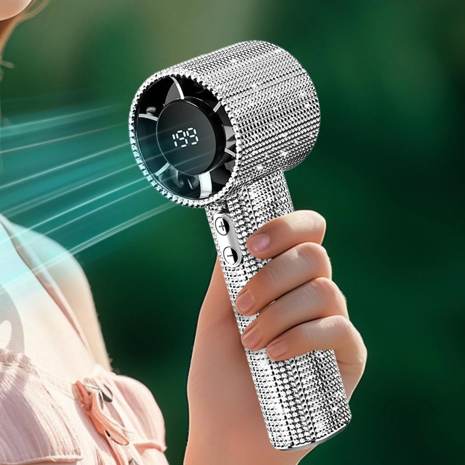 Handheld Fan Small Personal Cooling Gadget 199 Speeds Neck Hangable Rhinestone Hand Fan With Digital Display For Beach