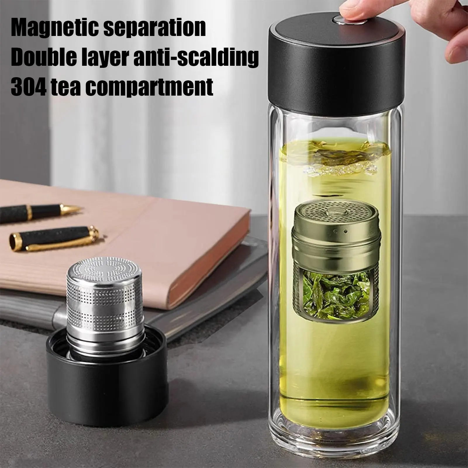 Tea Infuser Bottle Glass Tea Tumbler 400ml High Temperature Resistant Drinkware With Magnetic Lid Double-Layer Water Cup For Gym