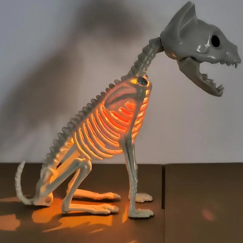 Halloween Cat Statue Skeleton Ornament Model Skeleton Cat Statue with Light, Horror Cat Skeleton Halloween Party Prop Decoration