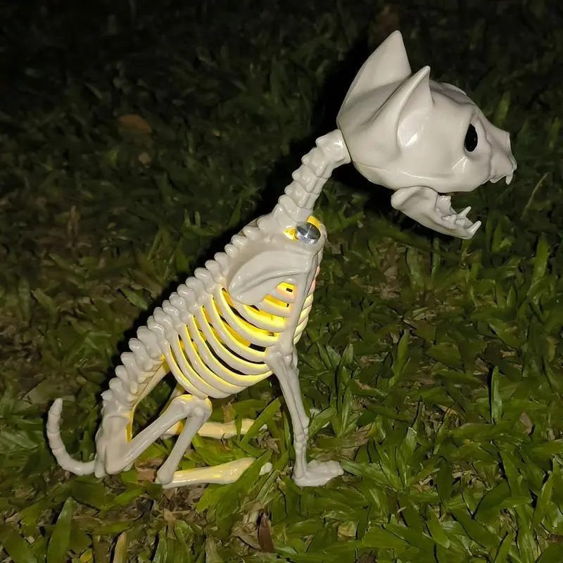 Halloween Cat Statue Skeleton Ornament Model Skeleton Cat Statue with Light, Horror Cat Skeleton Halloween Party Prop Decoration