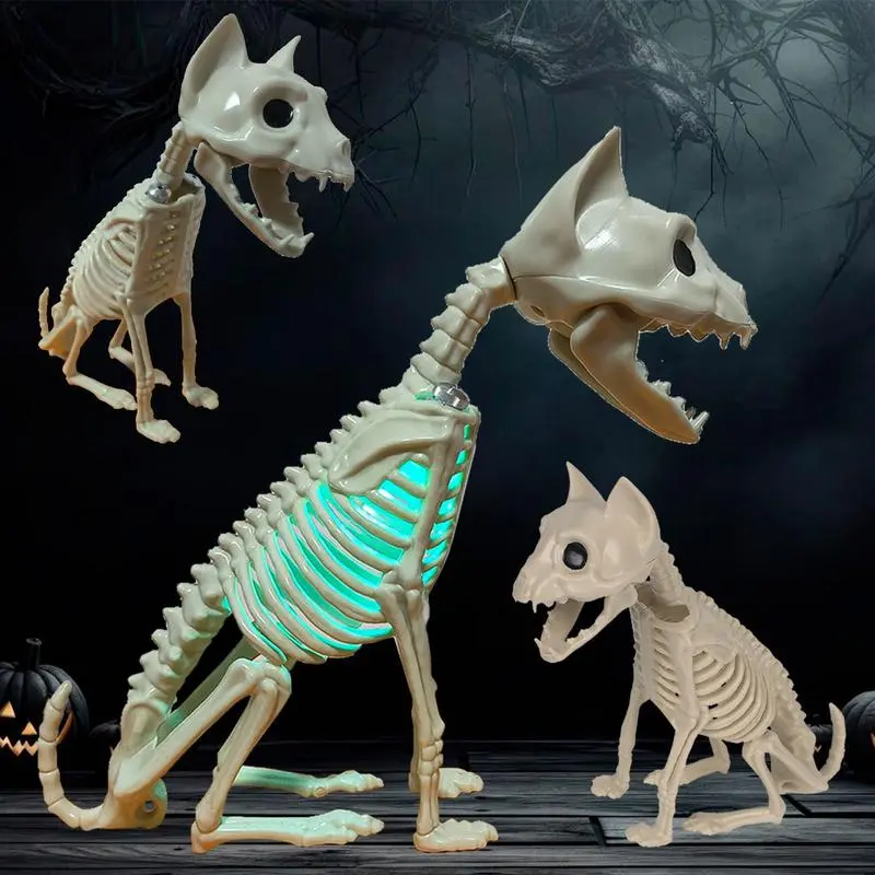 Halloween Cat Statue Skeleton Ornament Model Skeleton Cat Statue with Light, Horror Cat Skeleton Halloween Party Prop Decoration