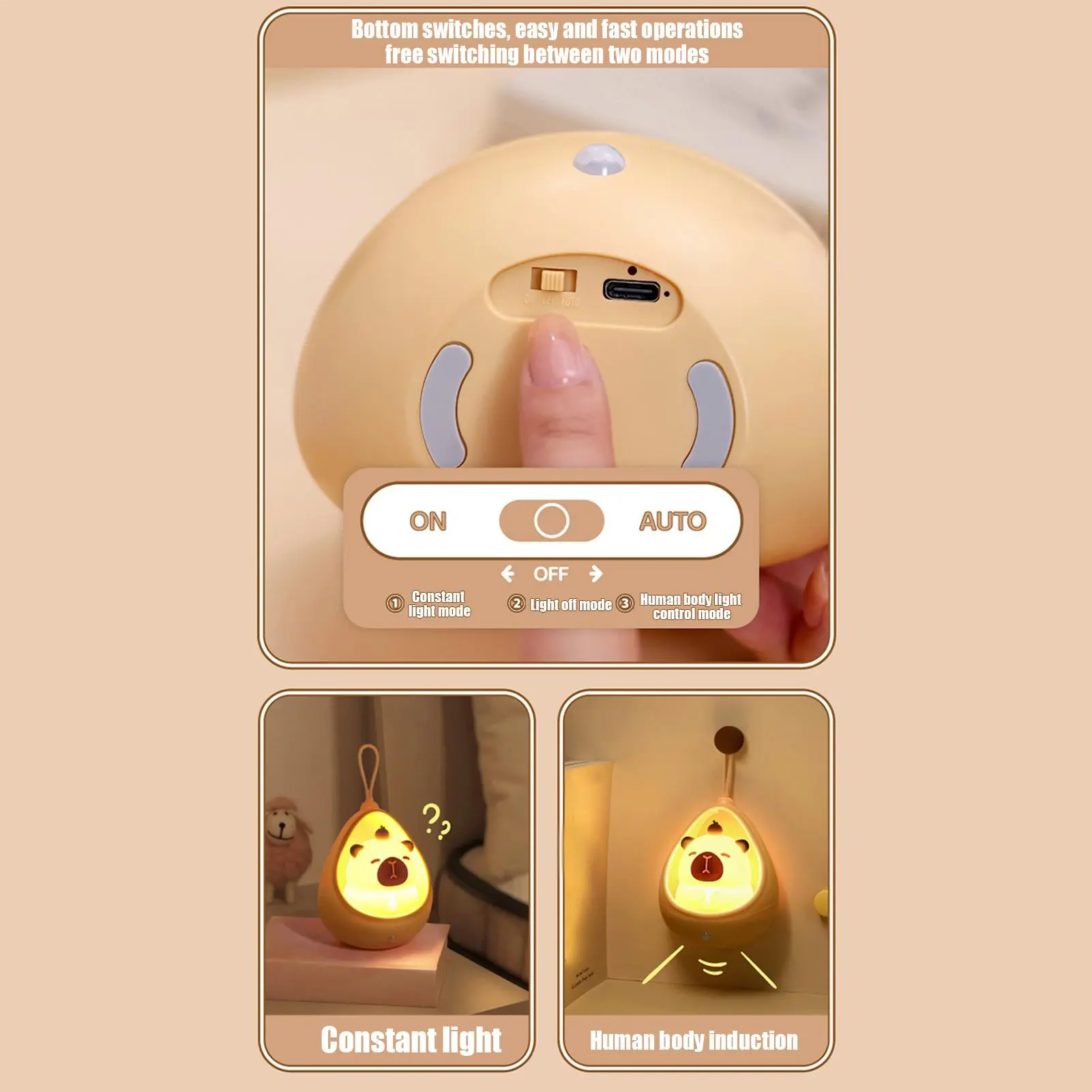 Capybara Night Light Capybara Cute Light Rechargeable Squishy Auto-Sensing Ornament Lighting For Nursery Desk Bedroom Kids