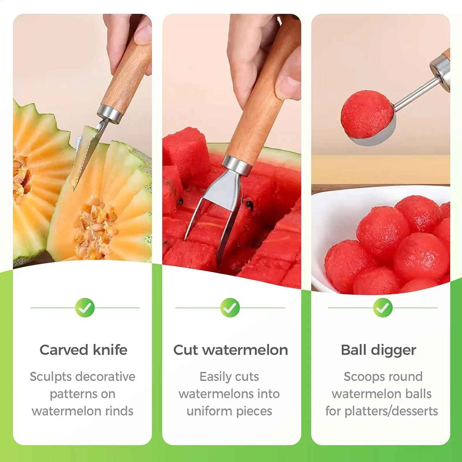 Watermelon Slicer Cutter Tool Stainless Steel Watermelon Fork Slicer 3 Pieces Multifunctional Chopper Rust-Resistant