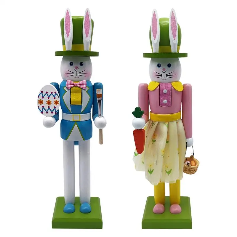 Easter Bunny Nutcracker Wooden Rabbit Figure Ornament 12-Inches Wooden Easter Bunny Nutcracker Decor Figure Ornament for Spring
