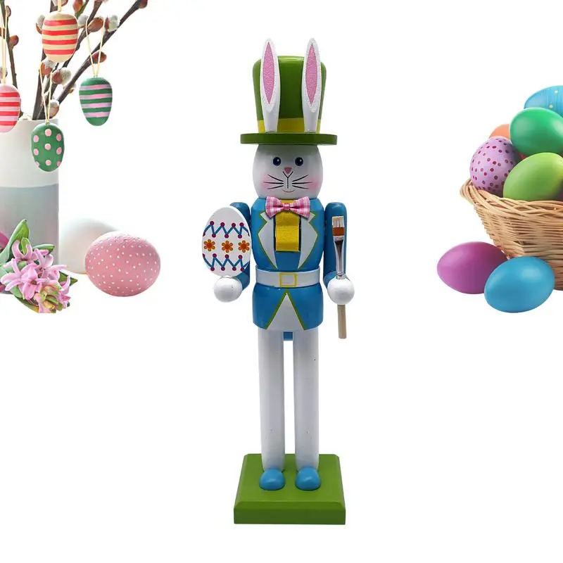 Easter Bunny Nutcracker Wooden Rabbit Figure Ornament 12-Inches Wooden Easter Bunny Nutcracker Decor Figure Ornament for Spring