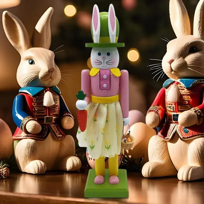 Easter Bunny Nutcracker Wooden Rabbit Figure Ornament 12-Inches Wooden Easter Bunny Nutcracker Decor Figure Ornament for Spring