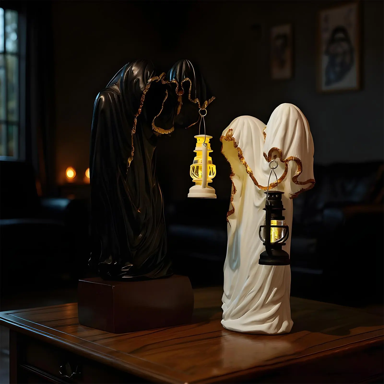 Halloween Ghost Decorative Lights Ghost Lantern Dark Mysterious Black Clothed Man Holding Light Decor Halloween Creative Decor