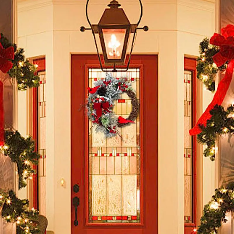 Christmas Front Door Wreath Artificial Snowy Pine Needle Winter Wreaths 45cm/17.7inch Red Berry Cluster Door Wreath Farmhouse
