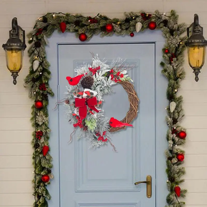 Christmas Front Door Wreath Artificial Snowy Pine Needle Winter Wreaths 45cm/17.7inch Red Berry Cluster Door Wreath Farmhouse