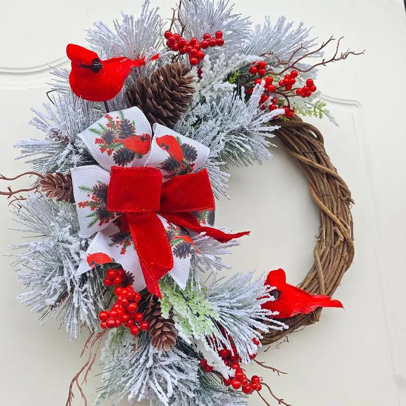 Christmas Front Door Wreath Artificial Snowy Pine Needle Winter Wreaths 45cm/17.7inch Red Berry Cluster Door Wreath Farmhouse