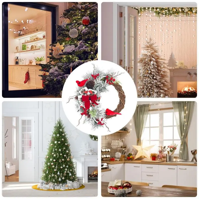 Christmas Front Door Wreath Artificial Snowy Pine Needle Winter Wreaths 45cm/17.7inch Red Berry Cluster Door Wreath Farmhouse