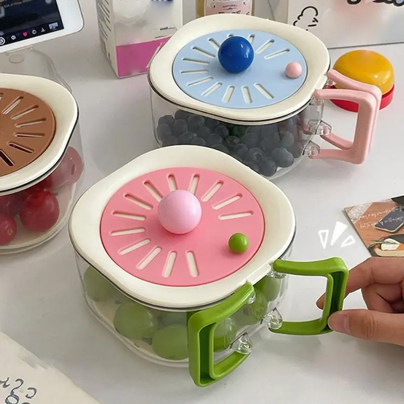 Fruit Strainer Container With Lid Fruit Drainer Container Foldable Handle 2 In 1 Storage Solution For Refrigerator Outdoor