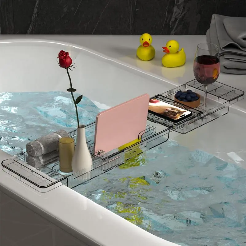 Bath Tray For Tub Clear Anti-Tipping Bathroom Bathtub Shelf Multi-Functional Glass Tray Spacious Bathtub Organizer For Tablets
