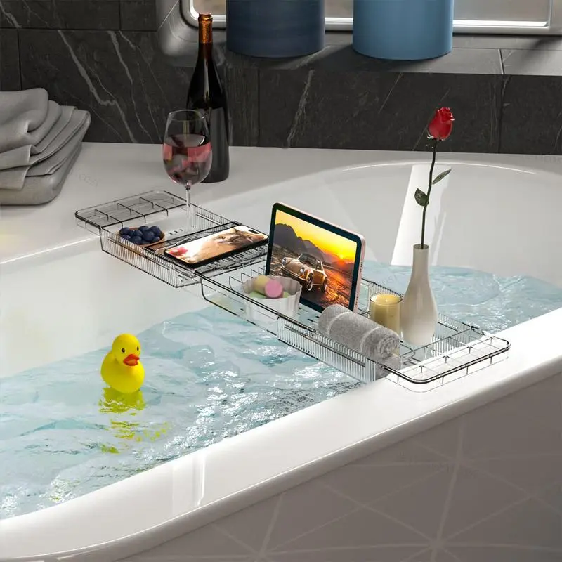 Bath Tray For Tub Clear Anti-Tipping Bathroom Bathtub Shelf Multi-Functional Glass Tray Spacious Bathtub Organizer For Tablets