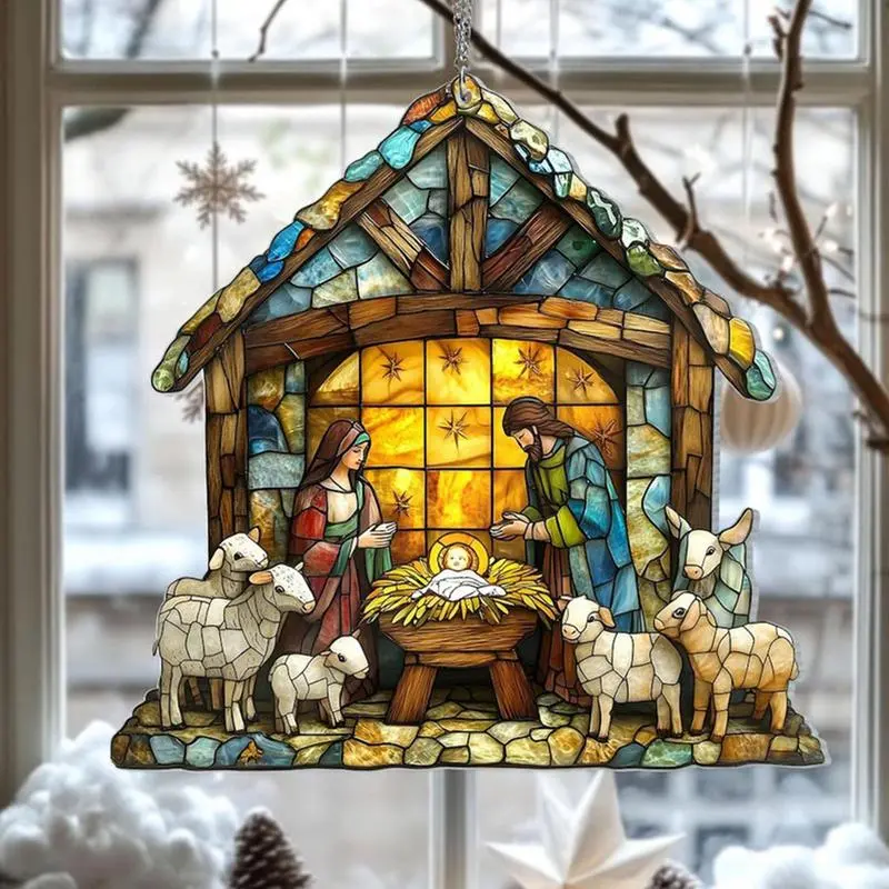 Jesus Sun Catcher Acrylic Festival Colorful Sun Catcher Hand-Painted Christmas Nativity Home Decorations For Kitchen Living Room
