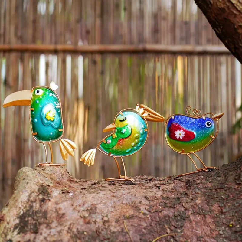 Bird Figurines Colorful Metal Glass Bird Sculpture Set of 3 Garden Art Statues Spring Outdoor Animal Figurine Lawn Ornaments for