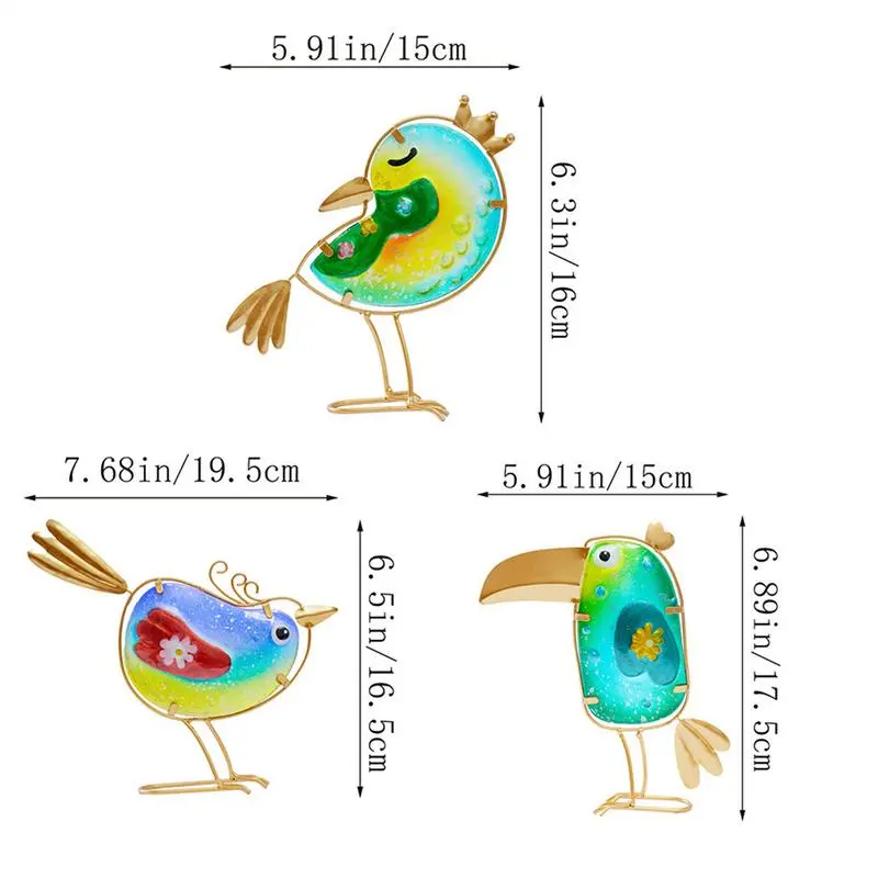 Bird Figurines Colorful Metal Glass Bird Sculpture Set of 3 Garden Art Statues Spring Outdoor Animal Figurine Lawn Ornaments for