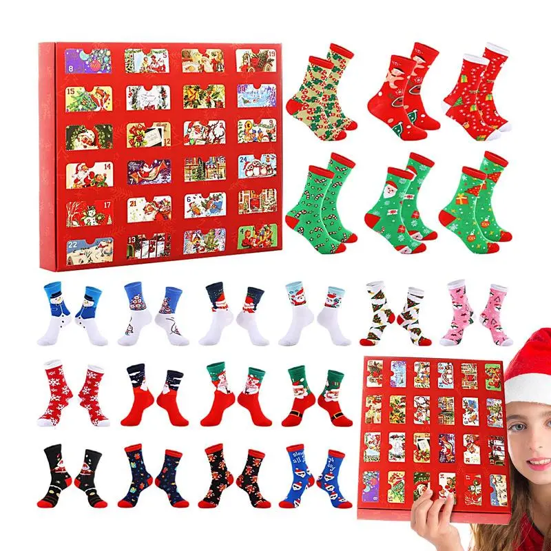 Christmas socks Advent calendar 24 pairs Cartoon Christmas Socking 24 Days Cotton Socks Countdown Calendar Christmas Gifts