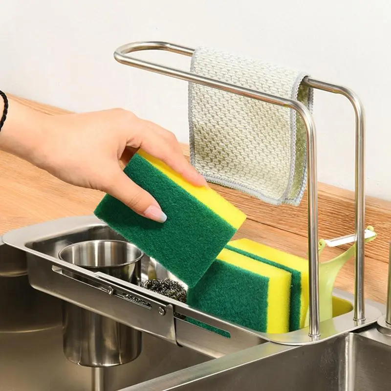Expandable Slim Drain Basket Retractable Sink Drying Basket Adjustable Length Colander Rack Sponge Holder For Home Kitchen
