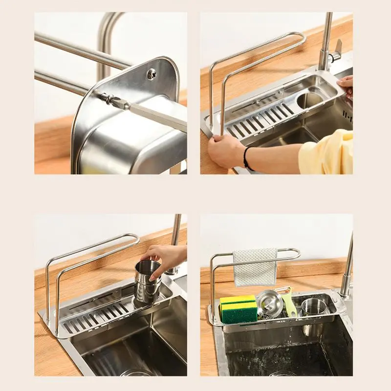 Expandable Slim Drain Basket Retractable Sink Drying Basket Adjustable Length Colander Rack Sponge Holder For Home Kitchen