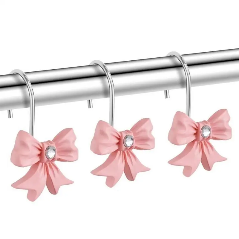 Shower Drapery Bow Hooks 12X Shower Hooks With Rhinestones Boho Trendy Window Covering Rings For Bathroom Art Decor