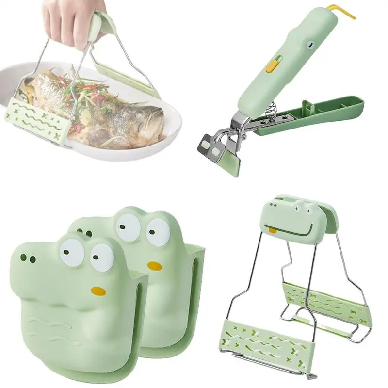 Hot Plate Gripper 3X Stainless Steel Anti Scald Hot Dish Grabber Multi-functional Cartoon Dinosaur Hot Bowl Tray Holder for