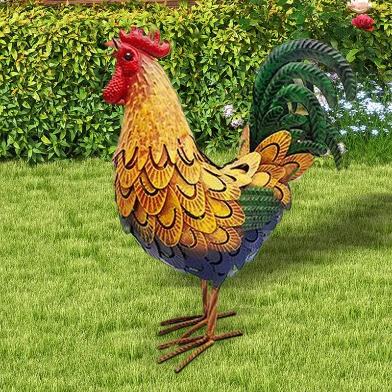 Metal Chicken Decor Iron Rooster Yard Art Chicken Figurine Farmhouse Decor Lawn Ornaments Standing Animal Sculpture Backyard