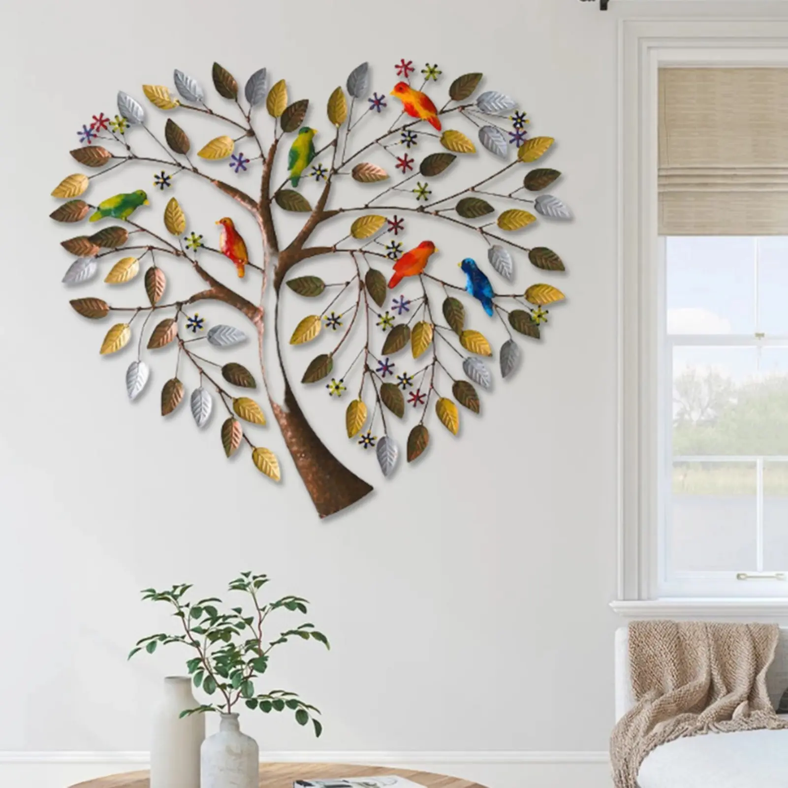 Heart Shape Family Tree Metal Wall Decor Tree of Life Metal Wall Art Bird Ornament Home Bedroom Living Room Window Decoration