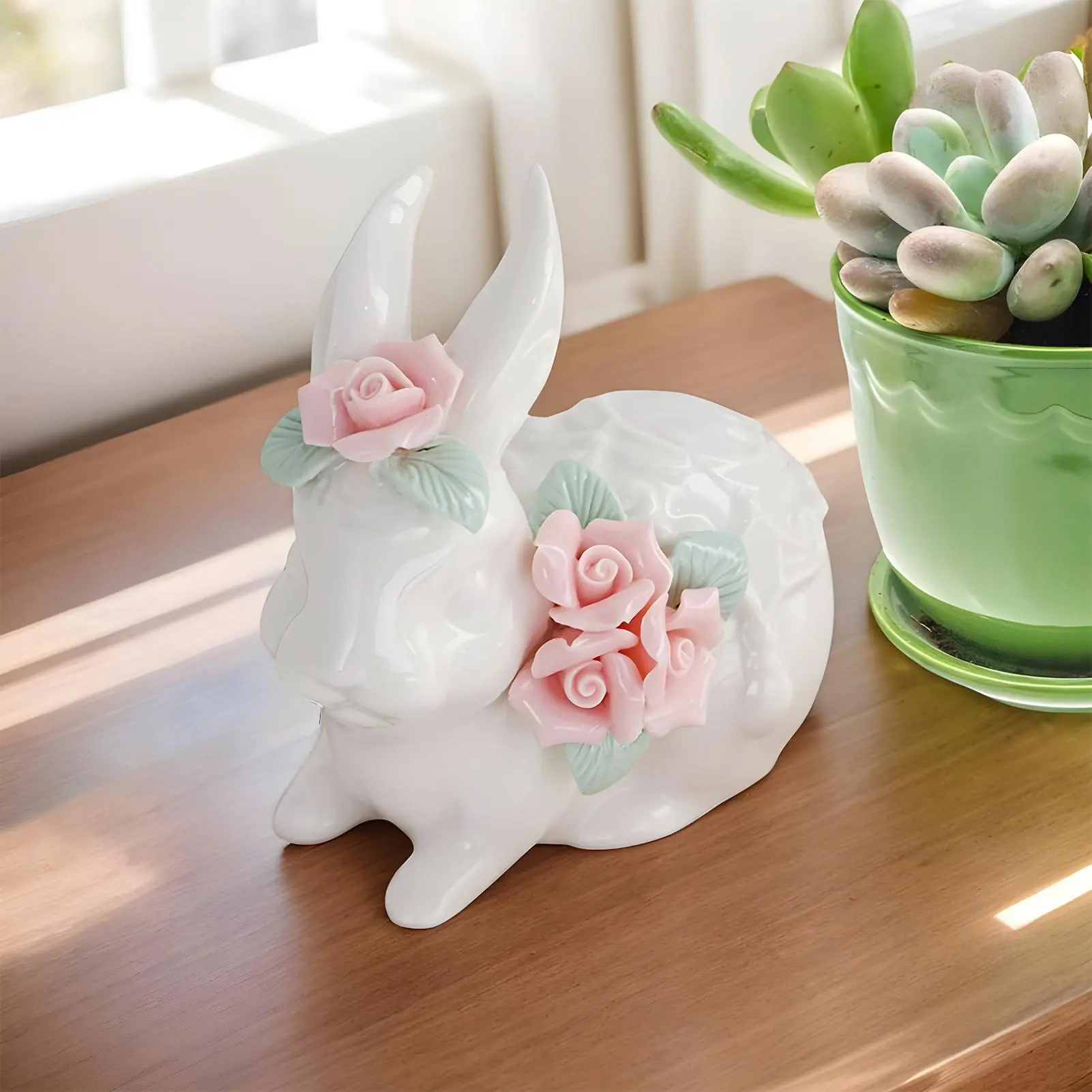 Ceramic Bunny Sculpture Cute Miniature Bunny Figure Hand held flower ceramic ornament rabbit Bunny Animal Figurine Craft