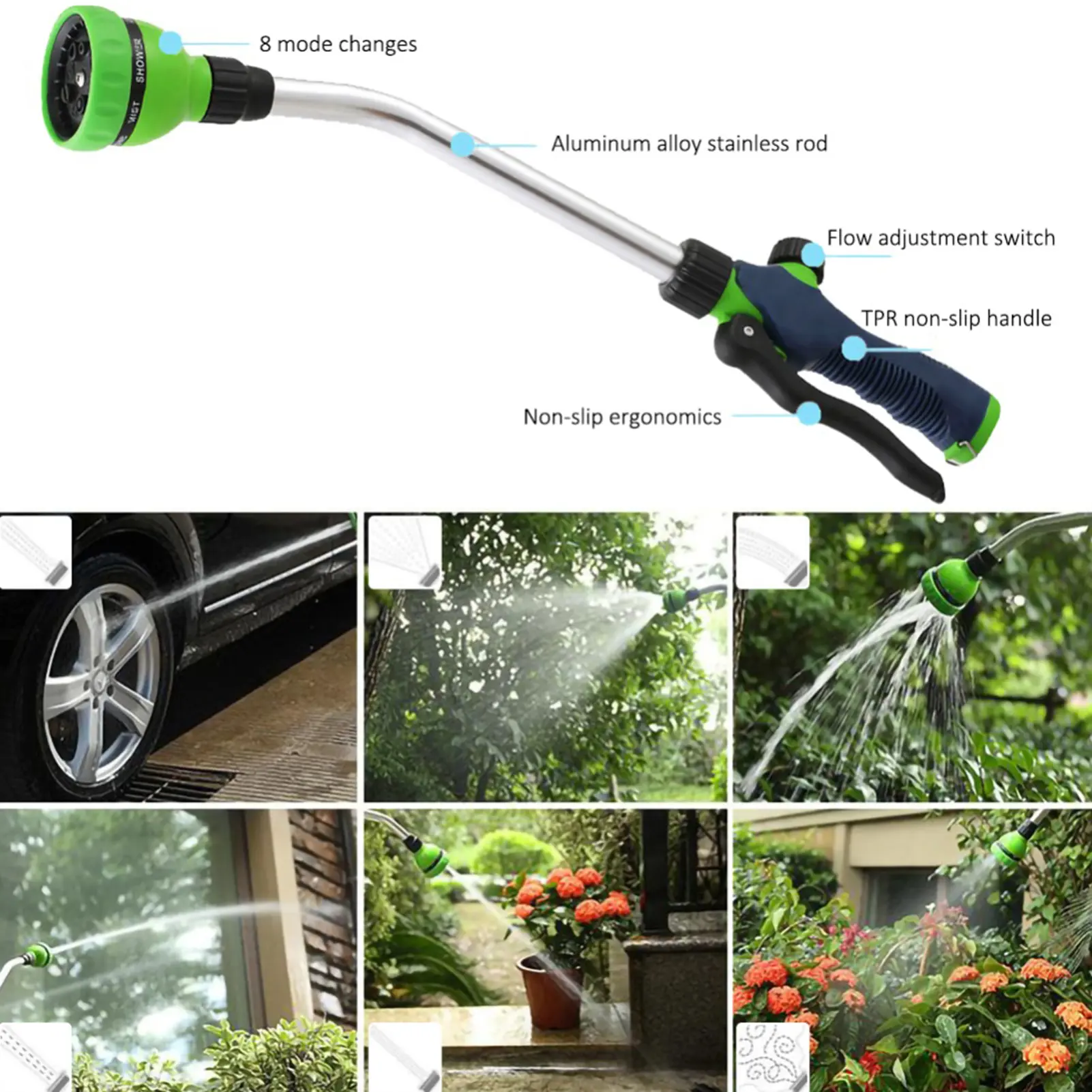 Garden Long Pole Water Gun Long Watering Gun 8 In 1 Hose Nozzle Sprayer Wand Garden Irrigation Plant Watering Car Wash Water Gun
