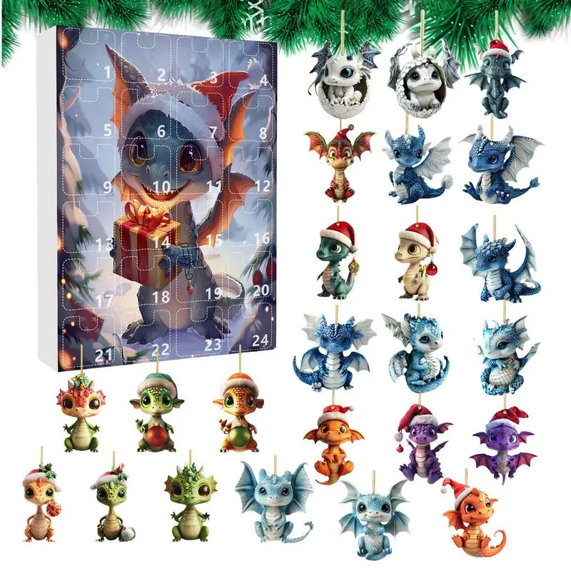 Advent Calendars  2024 Christmas Dragon Calendar  2024 Christmas Advent Acrylic Dinosaur Ornament  24 Days Christmas Calendar