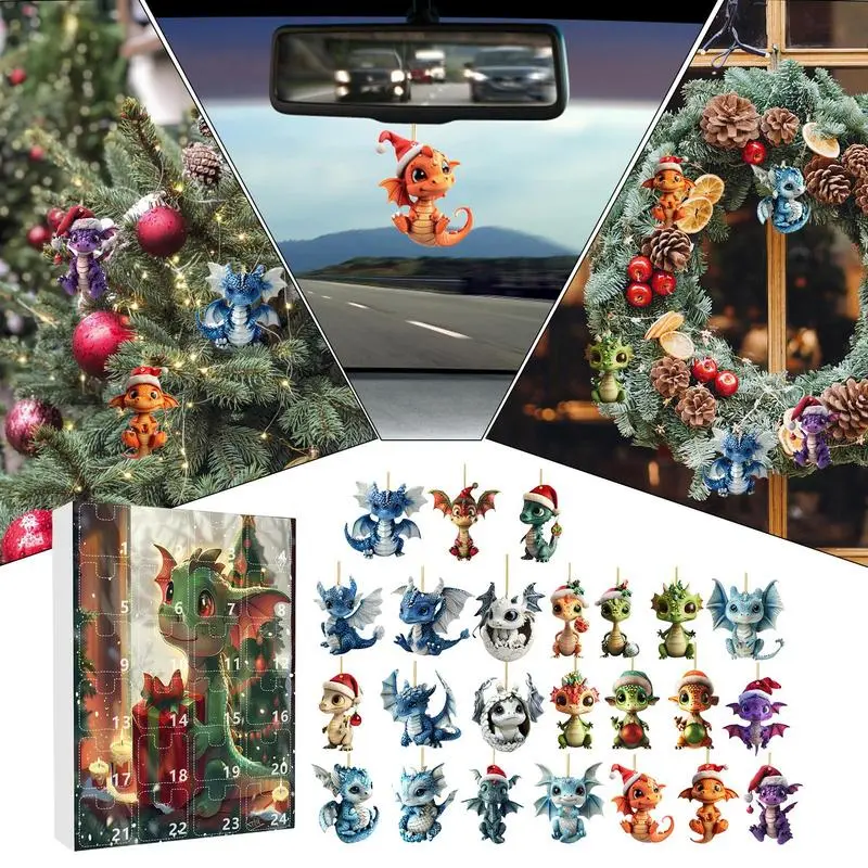 Advent Calendars  2024 Christmas Dragon Calendar  2024 Christmas Advent Acrylic Dinosaur Ornament  24 Days Christmas Calendar