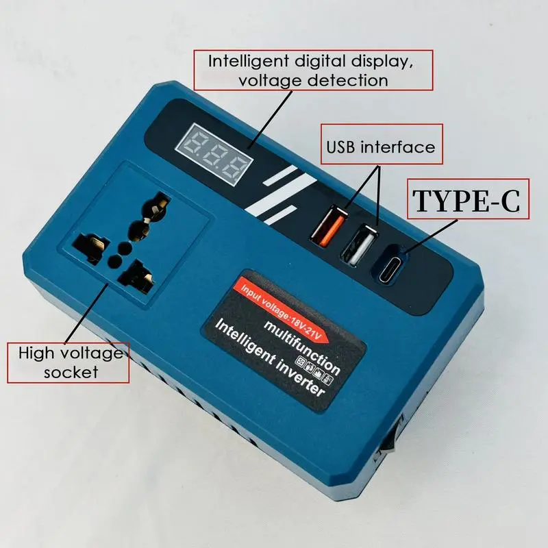 Outdoor Power Inverter Battery Power Converter DC 18V-21V To 220V AC Smart Fast Charger Adapter, with 2 USB Ports 1 Type C