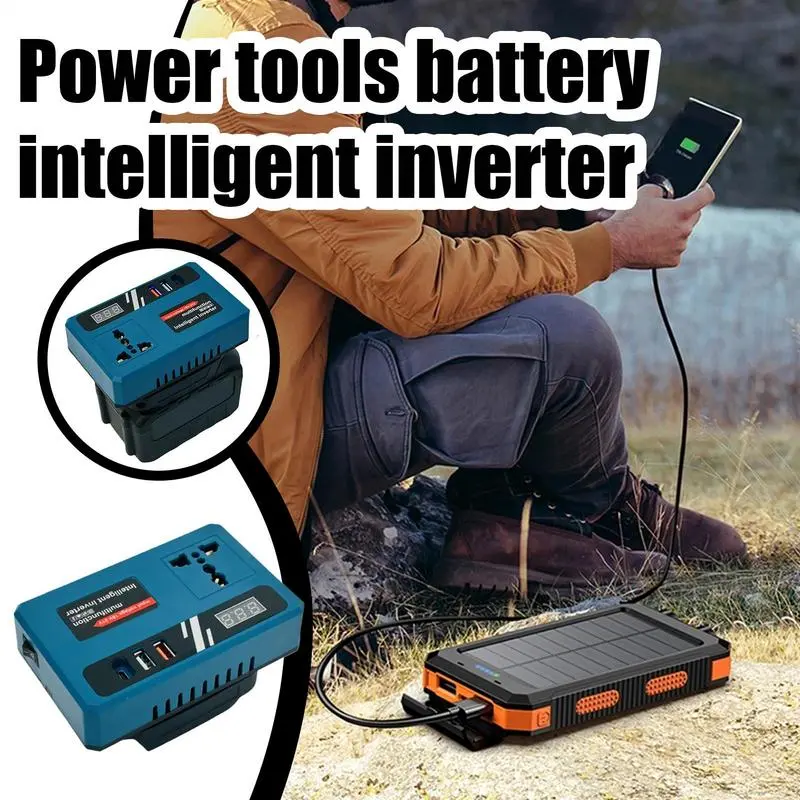 Outdoor Power Inverter Battery Power Converter DC 18V-21V To 220V AC Smart Fast Charger Adapter, with 2 USB Ports 1 Type C