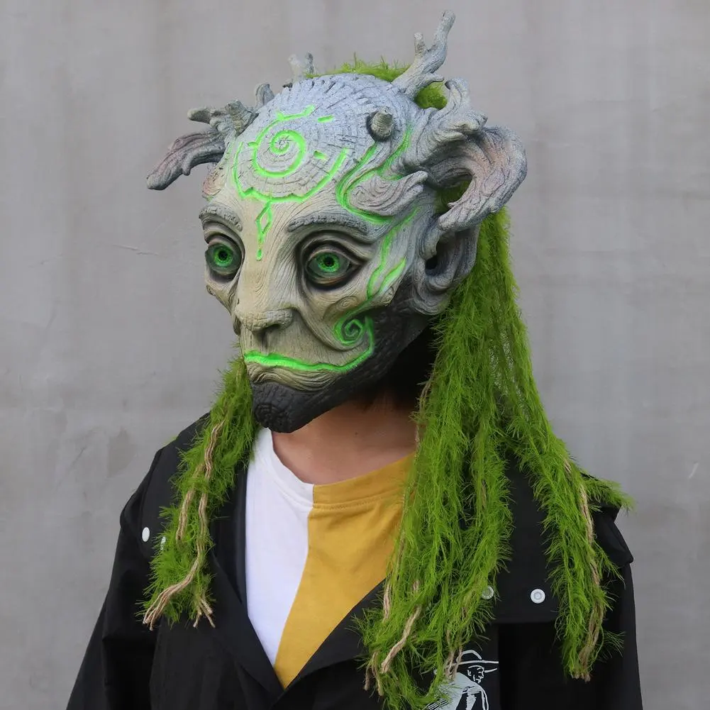 Halloween Elf Masque Green Fairy Latex Headgear Forest Spirit Mask Halloween Realistic Green Elves Spirit Helmet Party Props