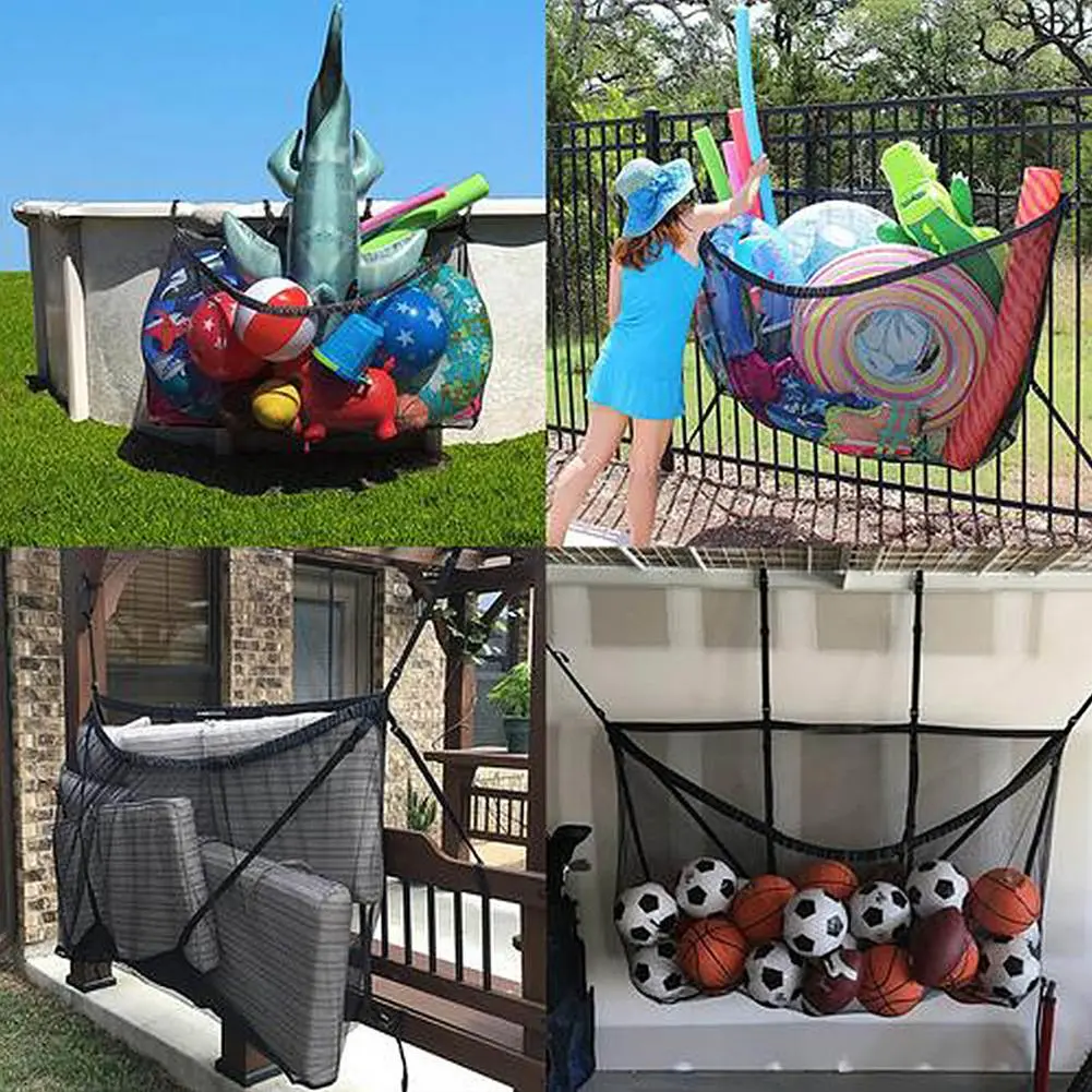 Ball Mesh Net Bag Adjustable Hanging Swimming Pool Storage Bag Durable Organizer Bag Foldable Portable Kid Ball Storage Net Bag