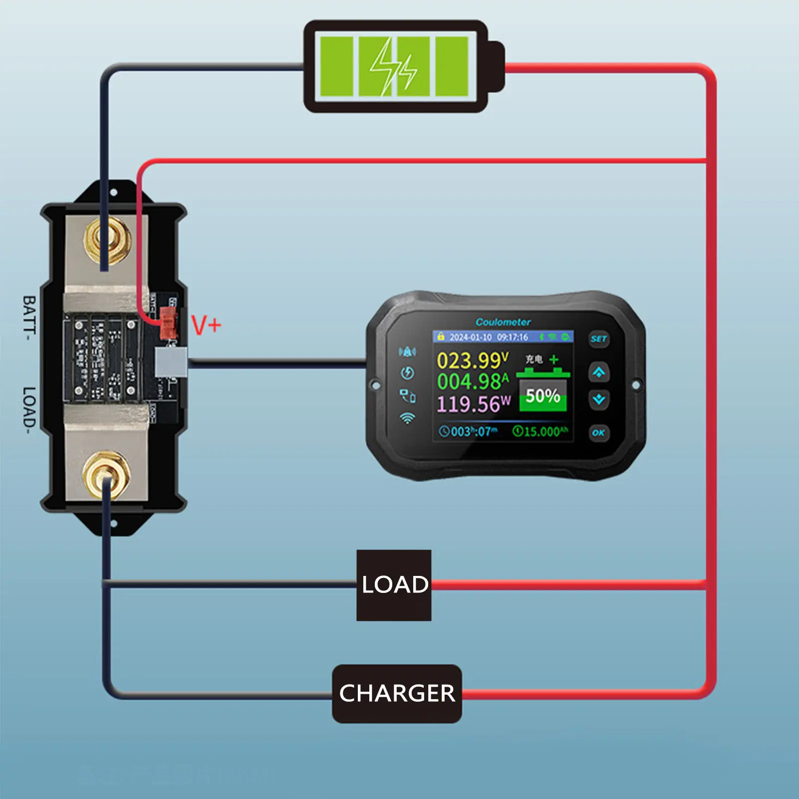 WiFi Battery Monitor  Battery Capacity Monitor 2.4in HD Color LCD Remote Real Time Monitoring for Li Ion Batteries