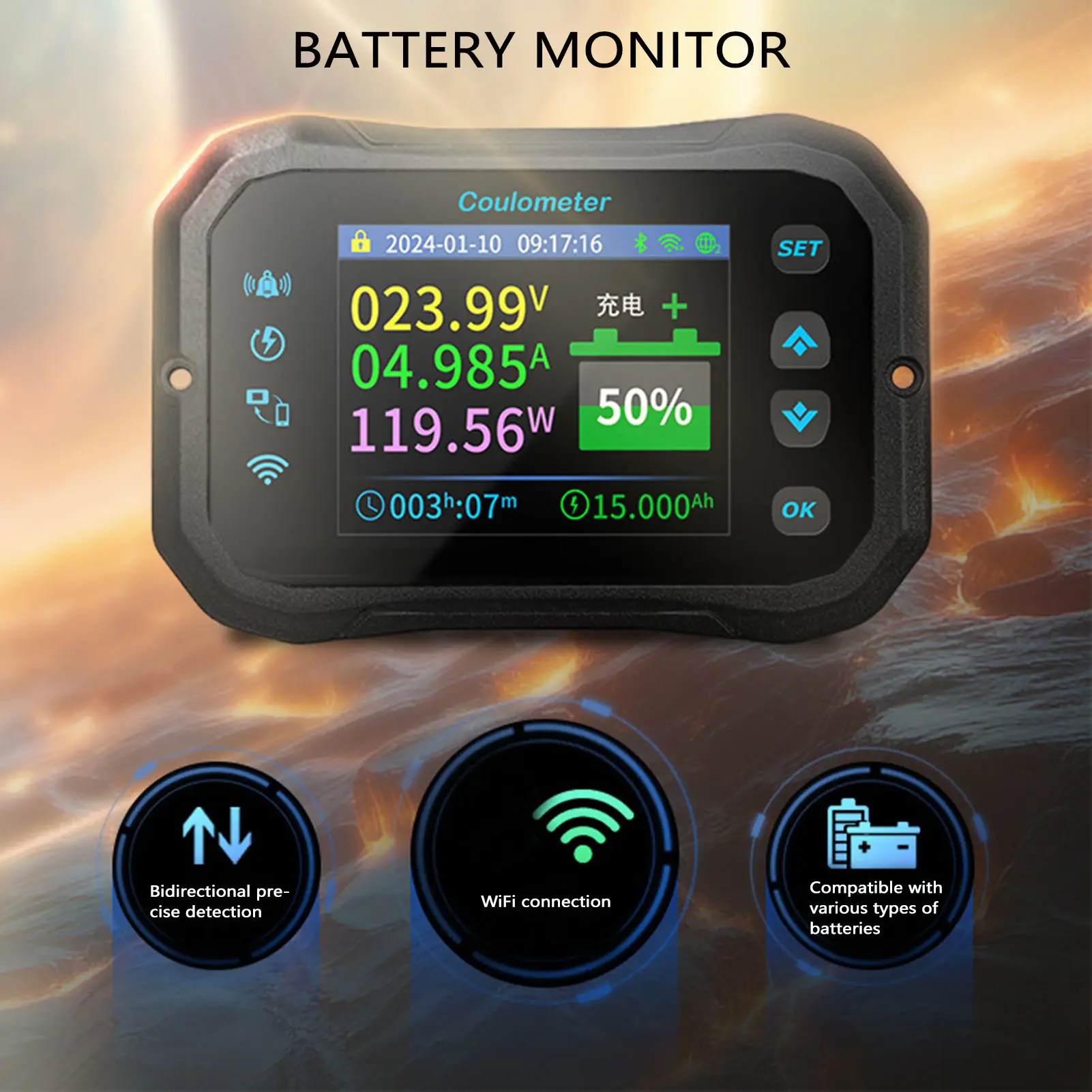 WiFi Battery Monitor  Battery Capacity Monitor 2.4in HD Color LCD Remote Real Time Monitoring for Li Ion Batteries