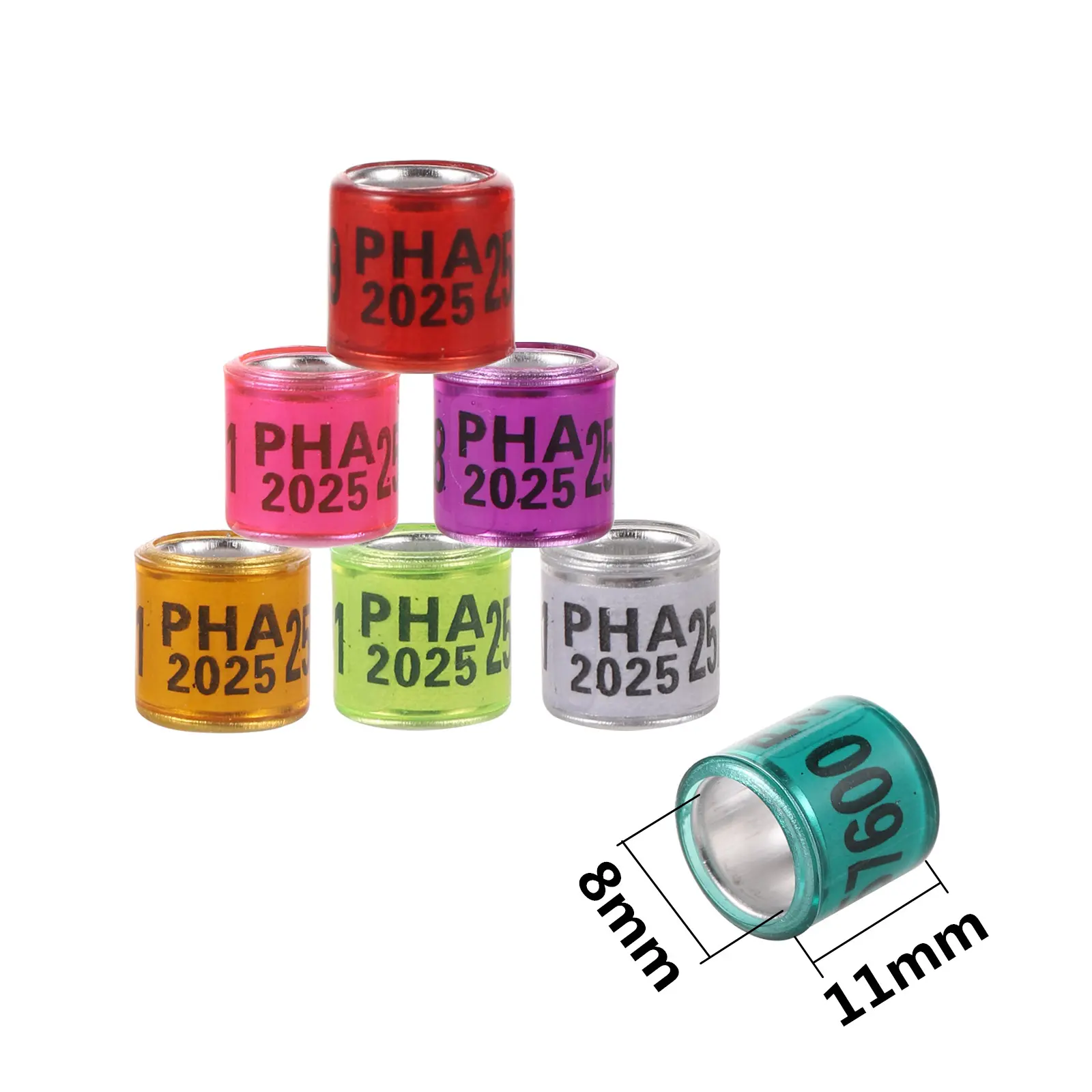 PHA 2025/2026 Pigeon Foot Ring Inner Diameter 8mm with Number Aluminum Plastic Bird Foot Ring Multicolor Bird Accessories 50Pcs