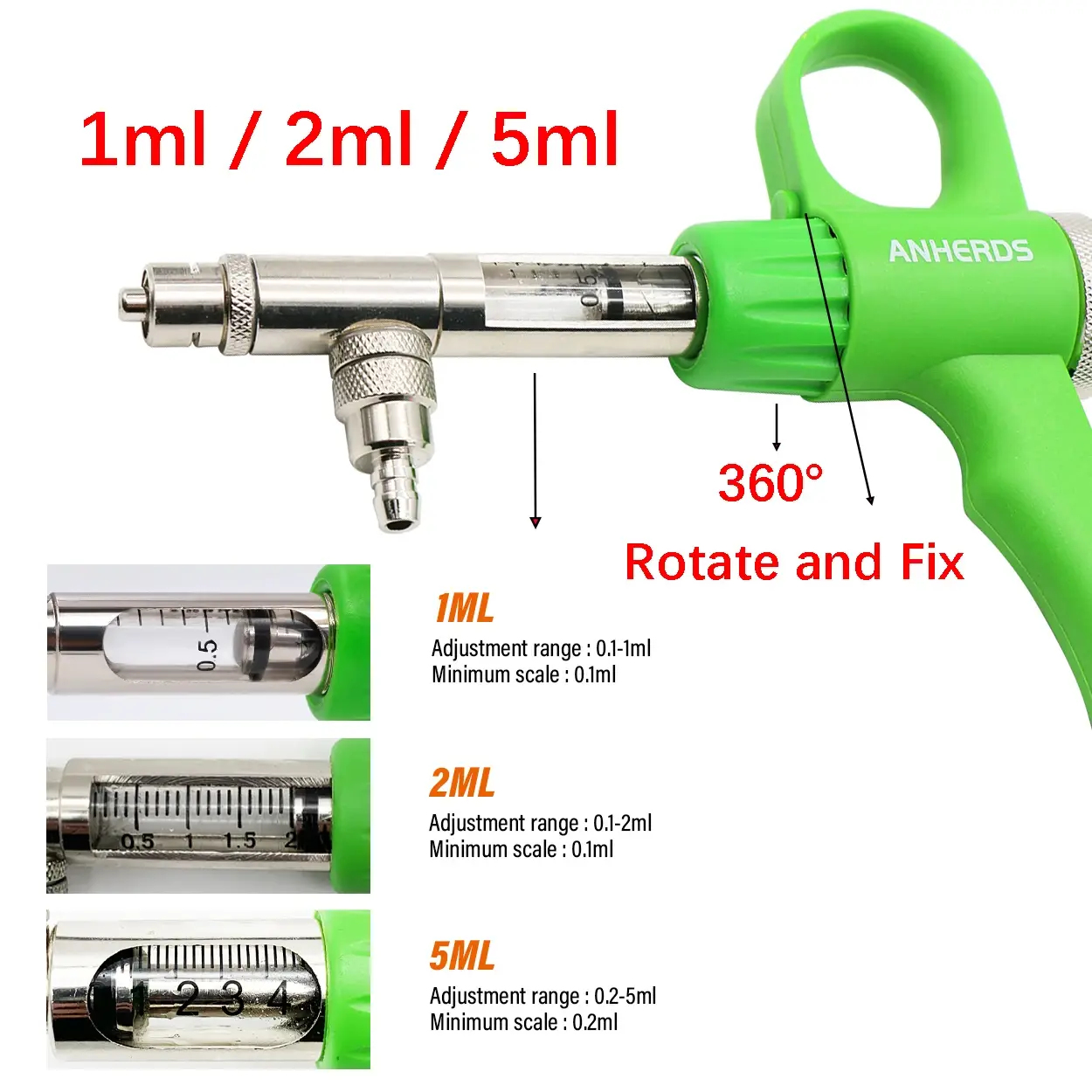 1Pc 1/2ml Automatic Syringe Poultry Adjustable Continuous Vaccine Injector Chicken Pig Bull Sheep Small Pet Liquid Feeding