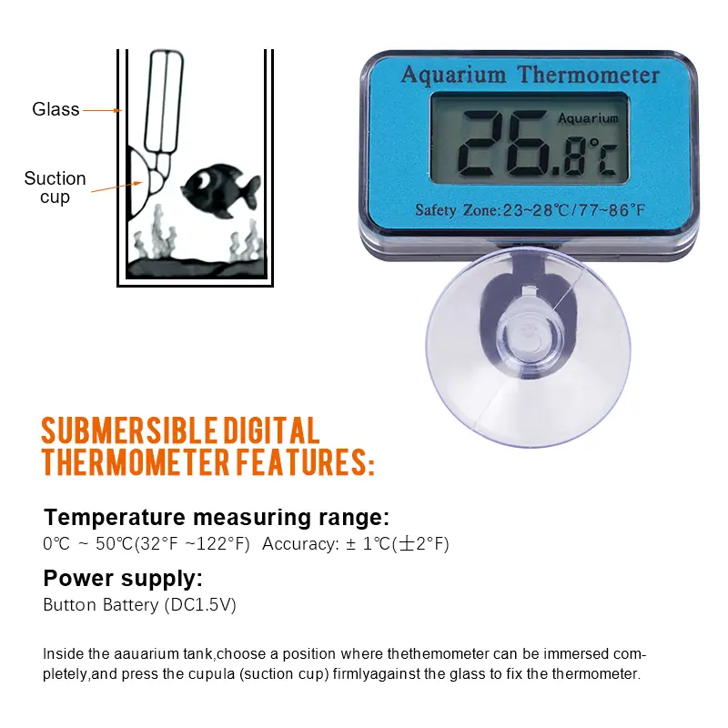Digital LCD Aquarium Thermometer Suction Cup Thermometer Submersible Fish Tank Thermometer Diving Temperature Large Screen