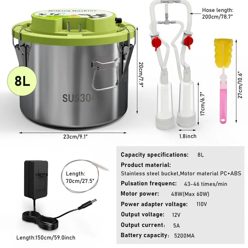 8L Sheep Ewe Milking Machine Cow Electric Integrated Milking Machine Milking Pump Stainless Steel Milk Pail Farm Breeding Tools