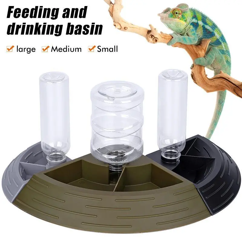 Reptile Feeder Water Bowl Lizard Tortoise Automatic Partition Feeder Corner Feeder with Water Bottle for Pet Turtle Gecko Lizard