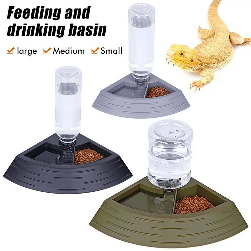 Reptile Feeder Water Bowl Lizard Tortoise Automatic Partition Feeder Corner Feeder with Water Bottle for Pet Turtle Gecko Lizard