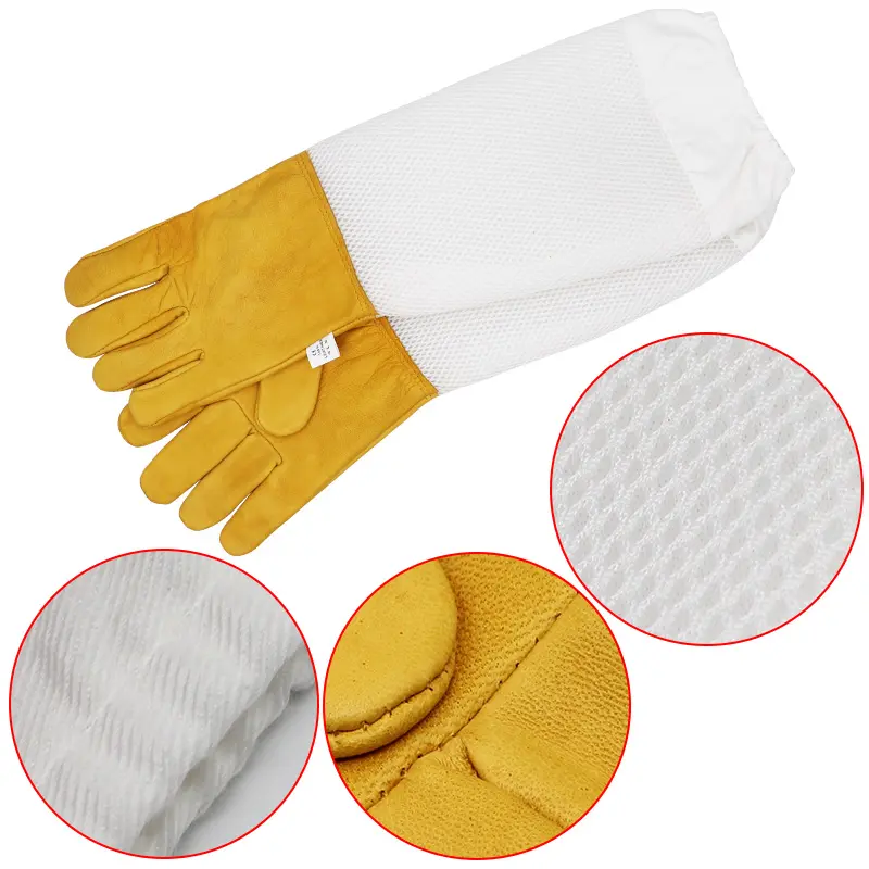 Beekeeping Gloves Protective Sleeves Breathable Yellow Mesh White Sheepskin and Cloth for Apiculture Beekeeping Gloves
