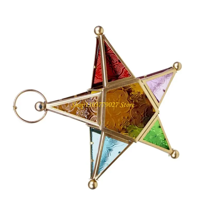 C4DF Antique Star Lanterns Holder with Colored Glass Moroccans Styles Decors