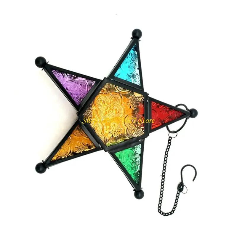 C4DF Antique Star Lanterns Holder with Colored Glass Moroccans Styles Decors