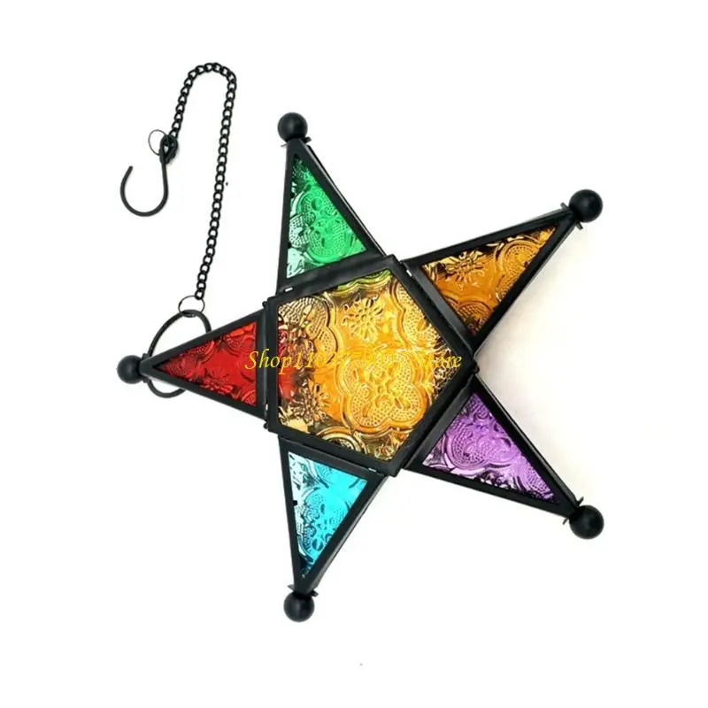C4DF Antique Star Lanterns Holder with Colored Glass Moroccans Styles Decors