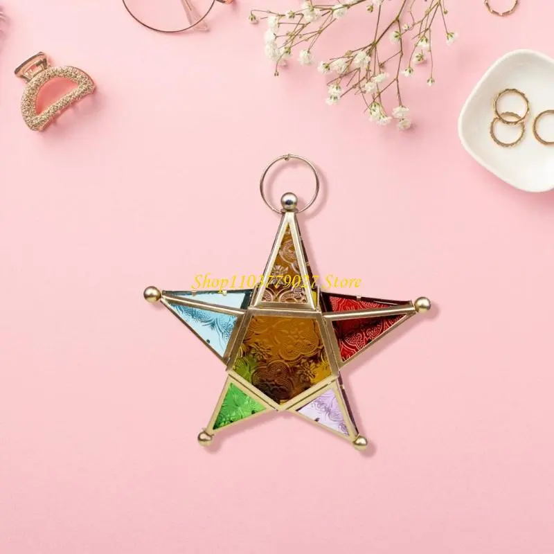 C4DF Antique Star Lanterns Holder with Colored Glass Moroccans Styles Decors